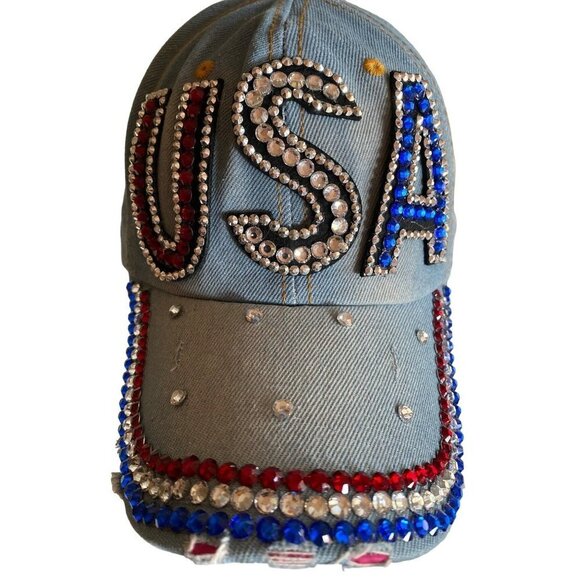 Denim Chambray Distressed Sparkle Bedazzled Rhinestone USA Hat Cap Adjustable - Picture 2 of 6